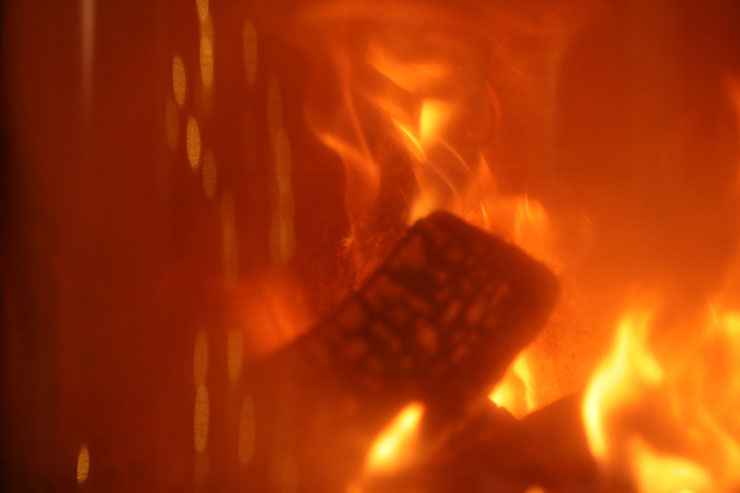 A fire burns inside a wood stove. The view is a closeup near the glass.