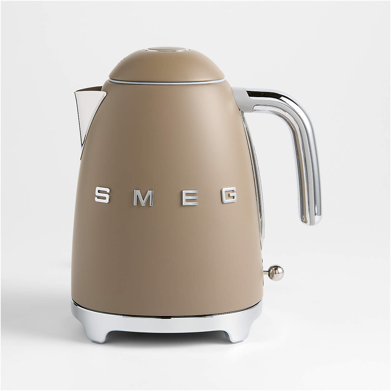 Mocha-colored SMEG electric kettle with chrome handle and spout on a white background.