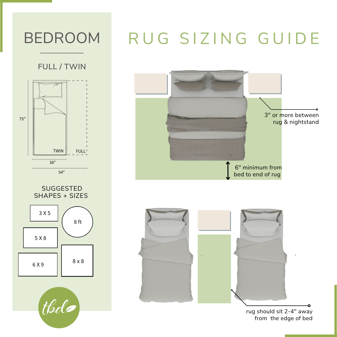 Rug size guide for full or twin bed