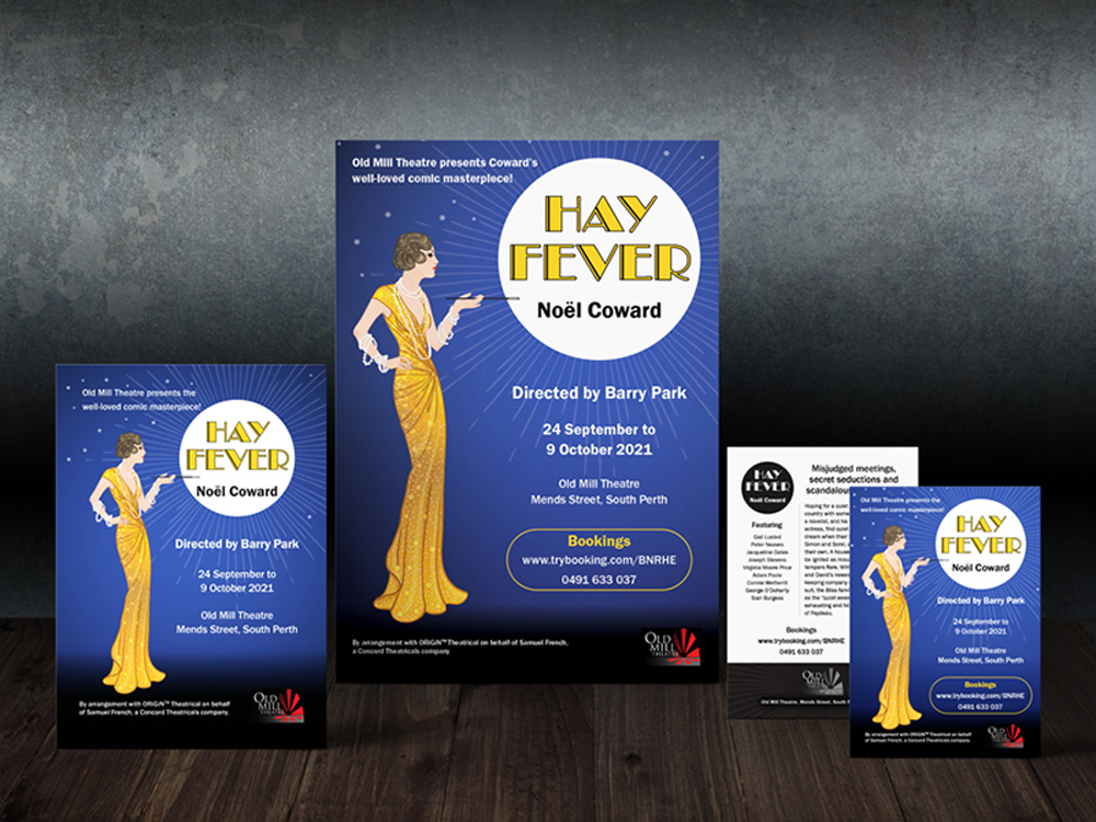 Image of two posters and both sides of a postcard for the theatre production of 'Hay Fever'.