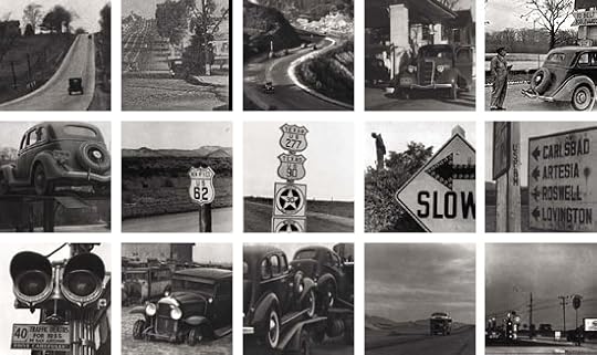 black and white photos of various signs in America such as speed limits, old 20's style cars, and curved roads