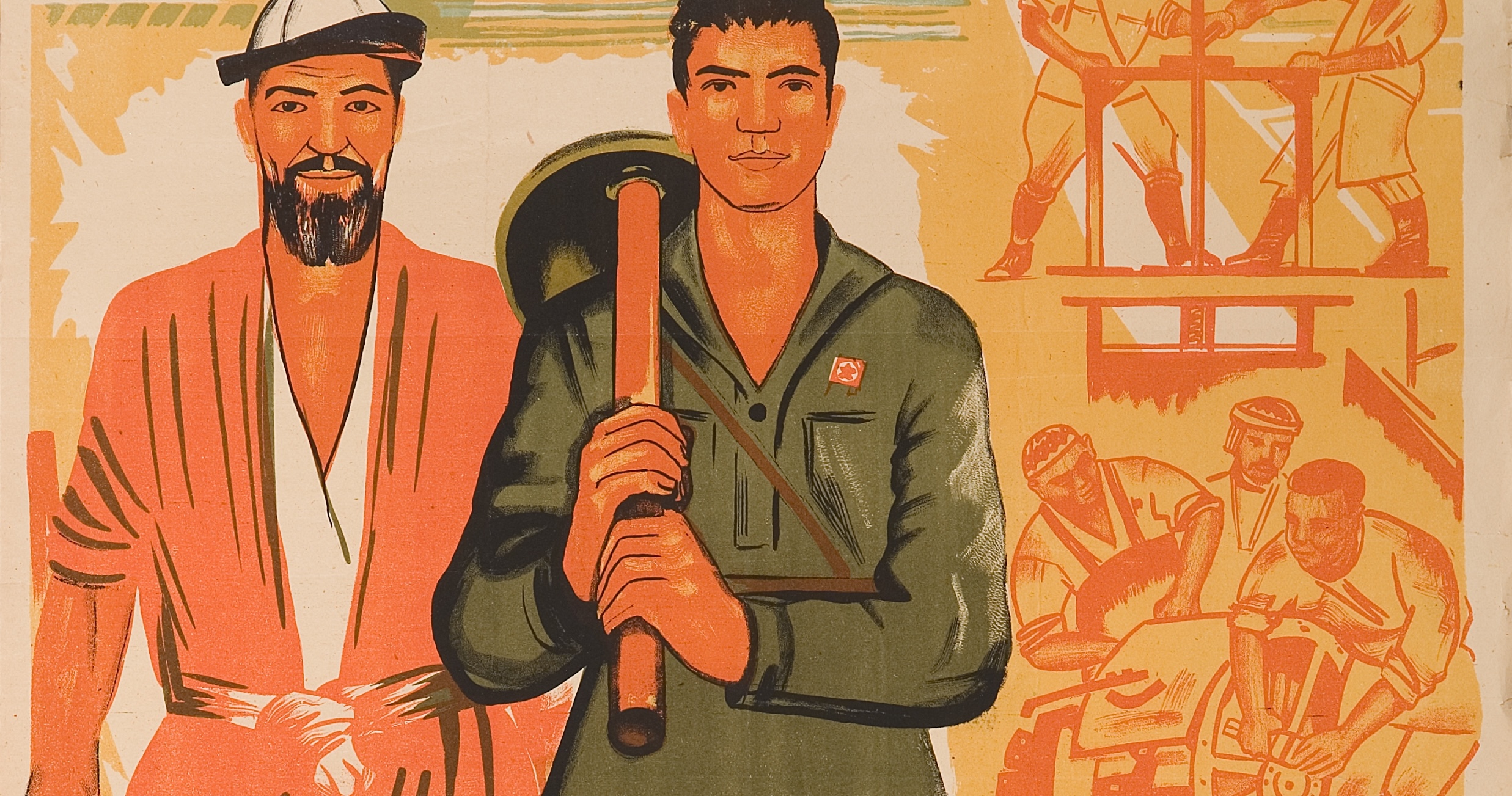 two men one dressed in army greens holding a stick with a green army helmet on it and the other wearing the outfit of a worker in a rice field