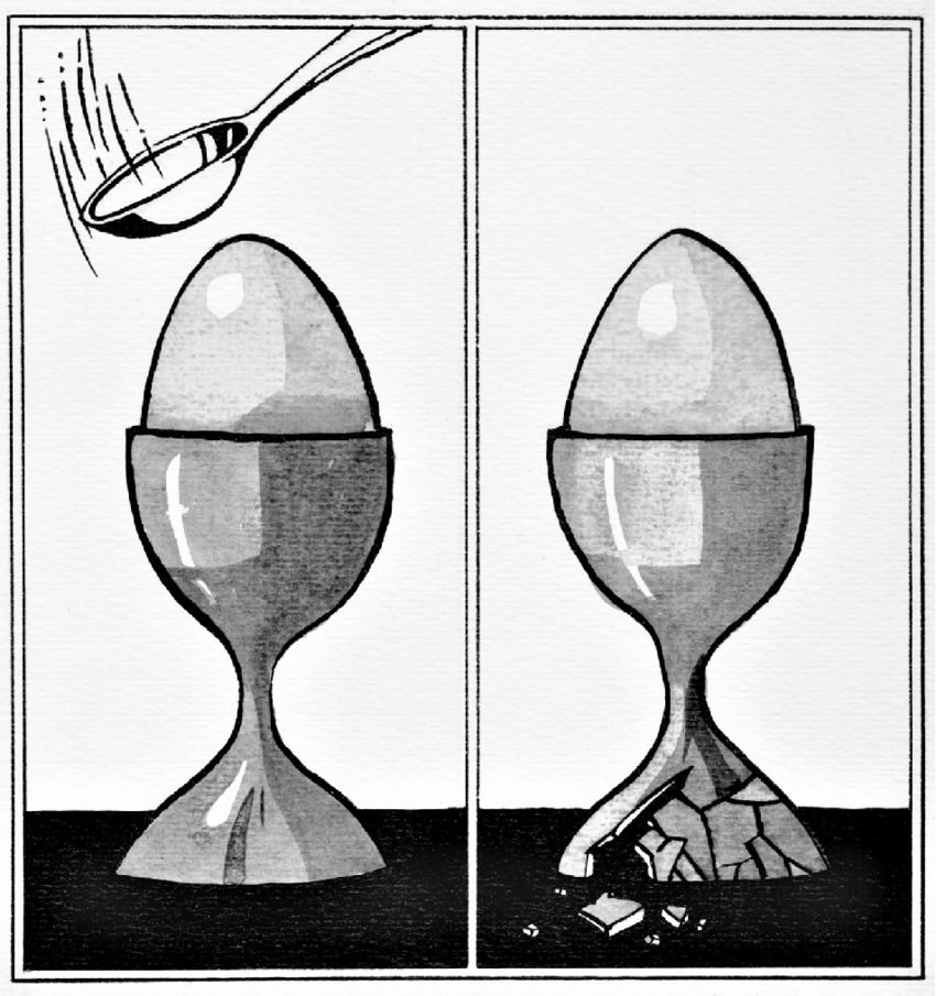 black and white cartoon of a spoon hitting an egg and the base crumbles