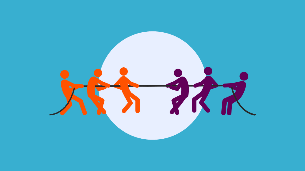 six stick figures playing tug of war with three on each team