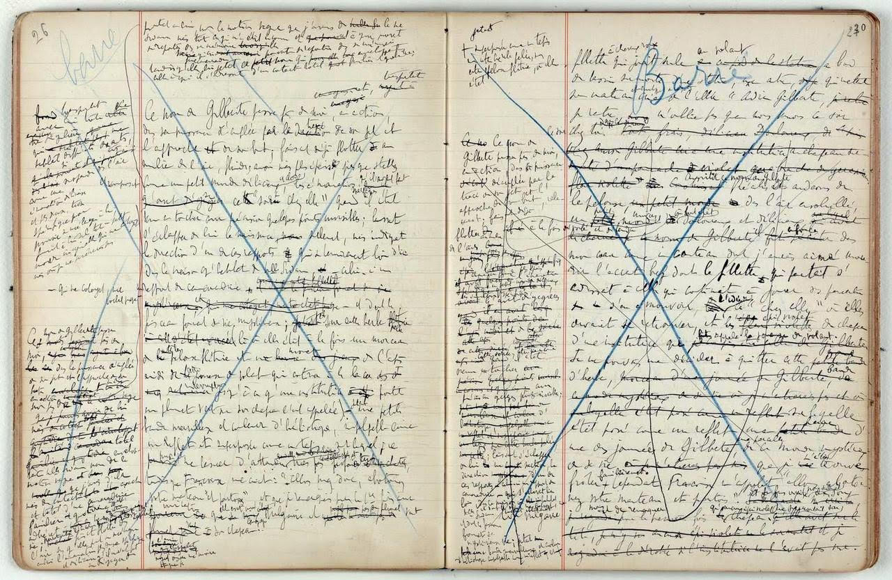 a scanned photo of a notebook with ineligible writing and the pages are crossed out with a blue marker