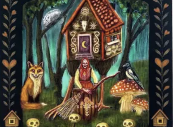 A colorful folk-art style illustration depicting a forest scene with a witch-like woman standing in front of a small house perched on chicken legs. The house has a red tiled roof, decorated with a skull and various symbols. The woman holds a broom and wears a red headscarf. To her left sits a fox, and to her right is a large red mushroom with white spots and a black-and-white bird perched on it. Three skulls and two small house symbols line the bottom of the image, with floral patterns along the borders. The background shows tall trees under a teal sky, creating a mystical, fairy-tale atmosphere.