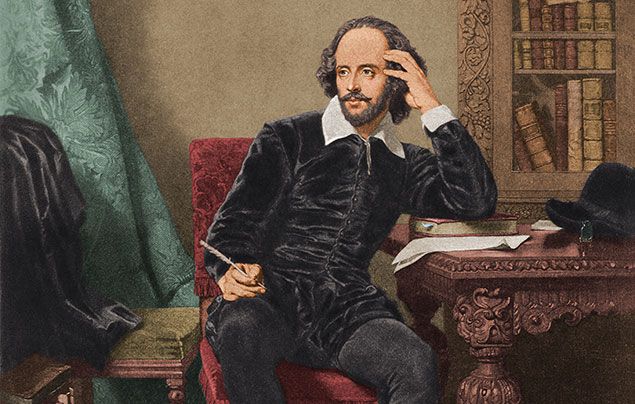 a painting of shakespeare at a desk leaning on it with his head in his hand and a quill in the other like we've interrupted him writing