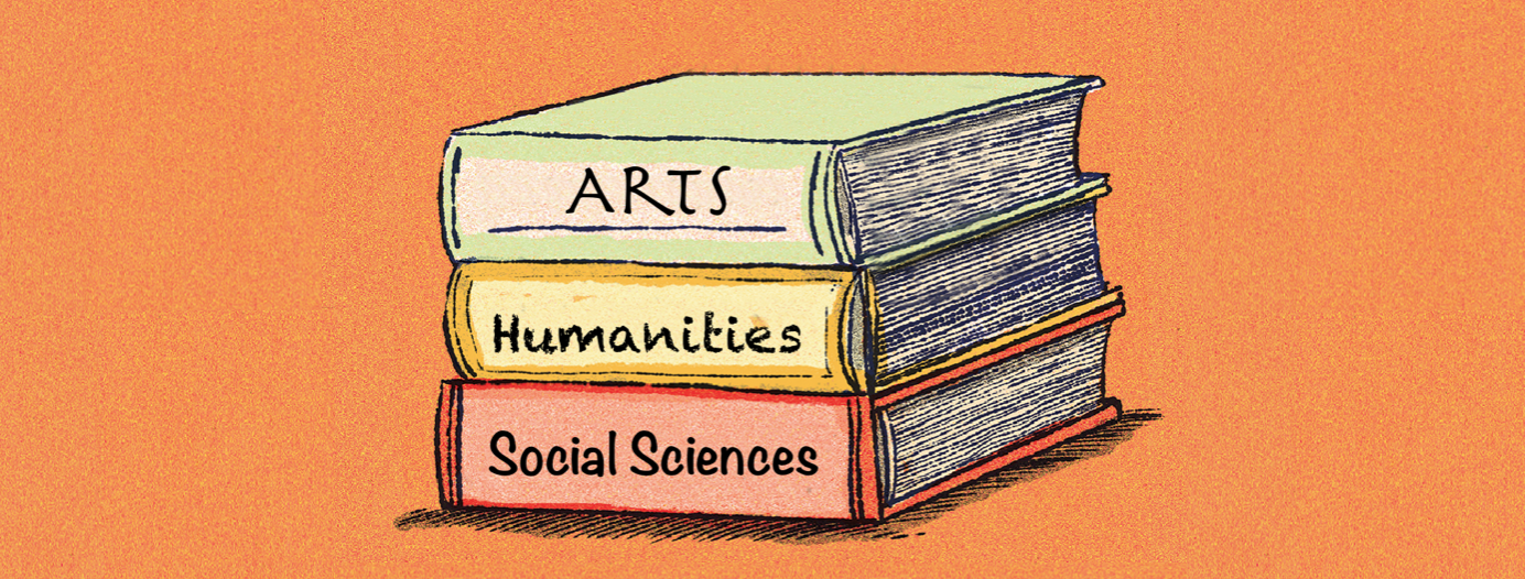 three books piled on top of each other. Each one labelled something different stating 'Art, Humanities, Social Sciences'