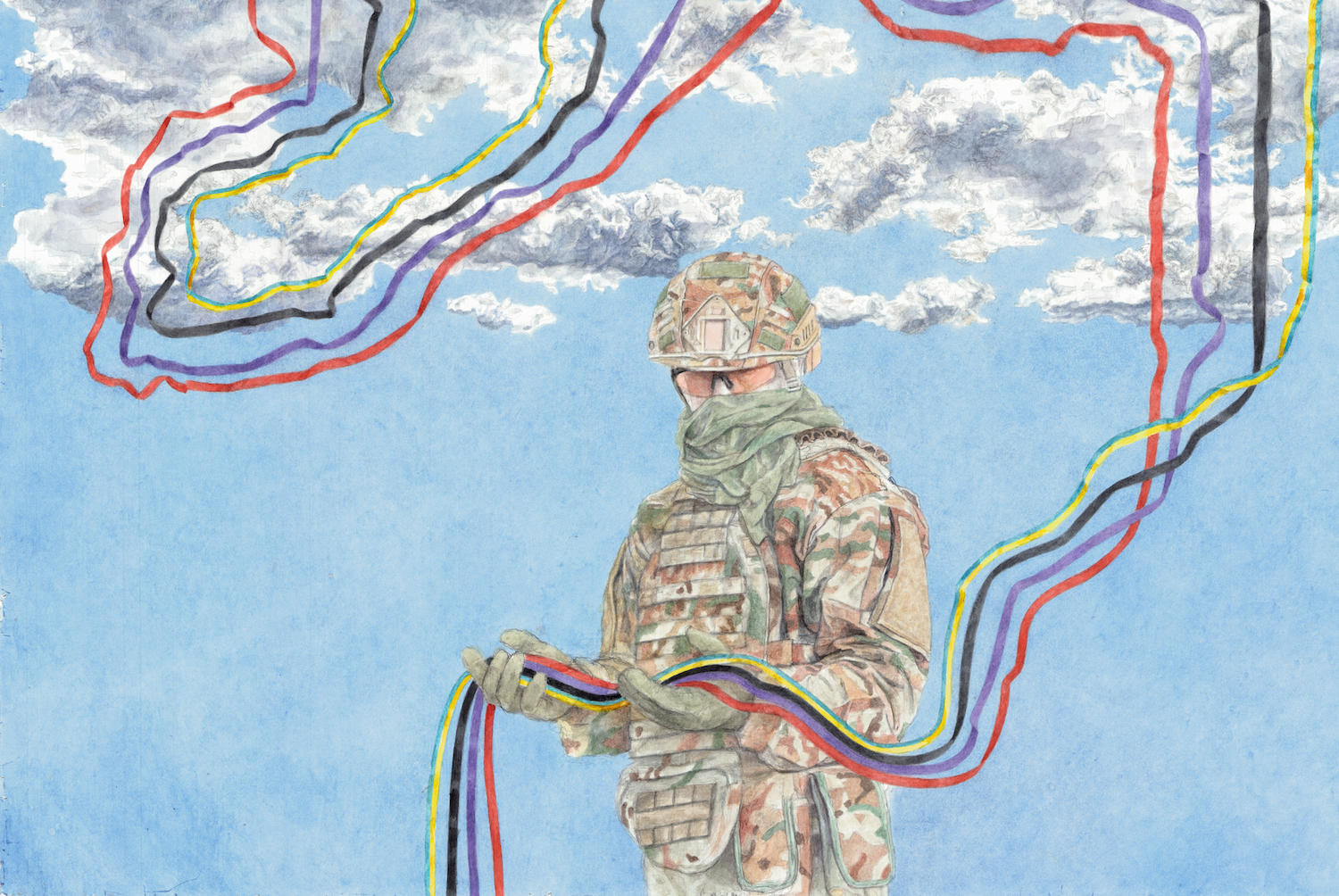 A watercolor-style illustration of a camouflaged soldier wearing a helmet and face covering, standing against a bright blue sky with scattered white clouds. The soldier holds several multicolored cables (red, yellow, blue, purple, and black) that flow out of their hands and snake across the sky like winding paths or contour lines. The cables loop and twist through the clouds, creating an abstract, map-like pattern around the figure.