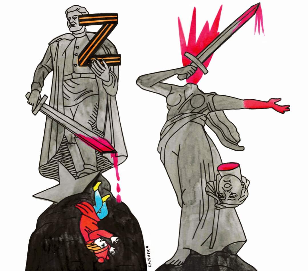 Two stylized drawings of classical statues altered with violent imagery. On the left, a statue holding a sword stands over a rock with a small fallen figure beneath it; a large striped letter “Z” overlays the statue’s upper body. On the right, a statue is shown holding a sword near its neck, with the head separated and held at the side. Red paint is used to indicate wounds and splashes.