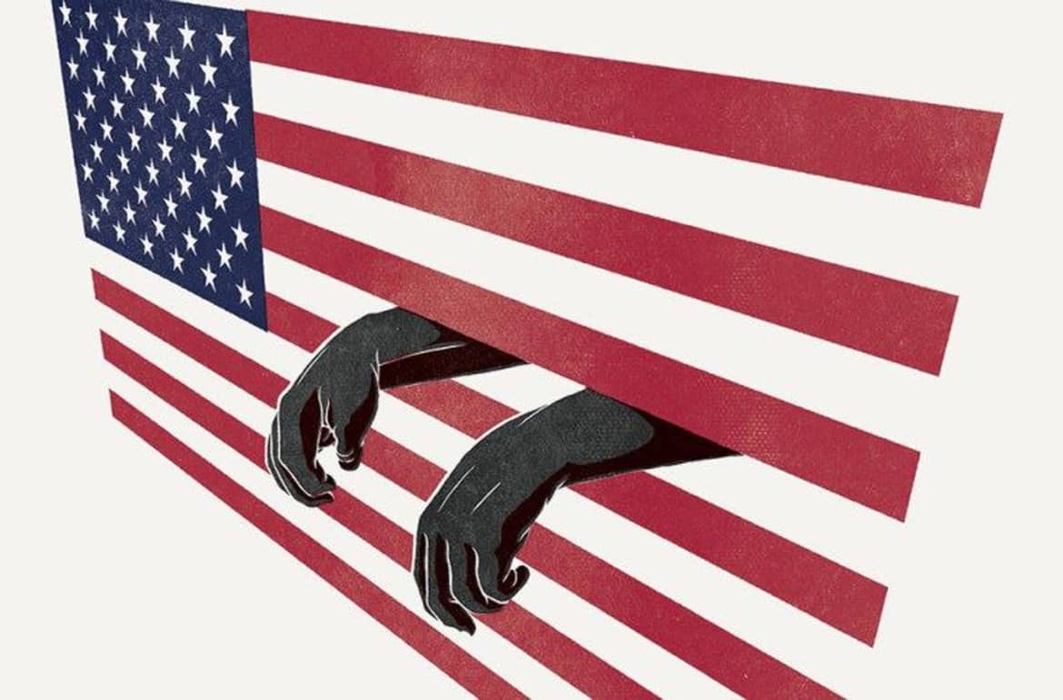 An illustration of the United States flag with two black hands extending through horizontal openings in the red and white stripes, reaching outward against a white background.