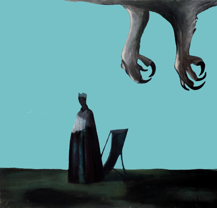 A surreal, minimalist painting shows a small, cloaked human figure standing on dark ground beneath the enormous talons of a giant creature overhead. The creature’s legs and curved claws loom from the top of the image, dwarfing the figure below. The background is a flat turquoise sky, creating a stark contrast with the dark, shadowy forms and emphasizing a sense of scale, tension, and impending threat.