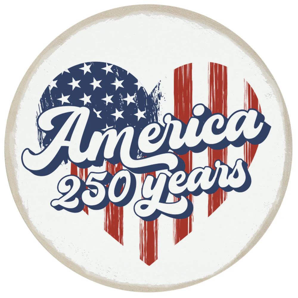 A circular graphic with a distressed, vintage style. Inside is a heart-shaped American flag—blue with white stars on the left and red-and-white stripes on the right. Overlaid text in bold, retro script reads ‘America 250 years.’ The background is off-white with a slightly worn border.
