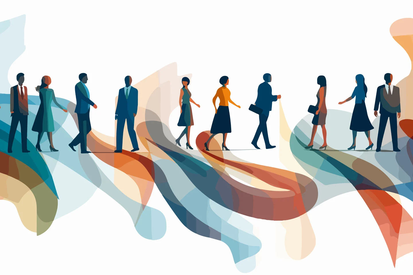A stylized illustration of a diverse group of business professionals walking in a line from left to right, shown as simplified silhouettes in formal attire, with colorful abstract shapes and flowing patterns beneath and around them suggesting movement, collaboration, and connectivity.
