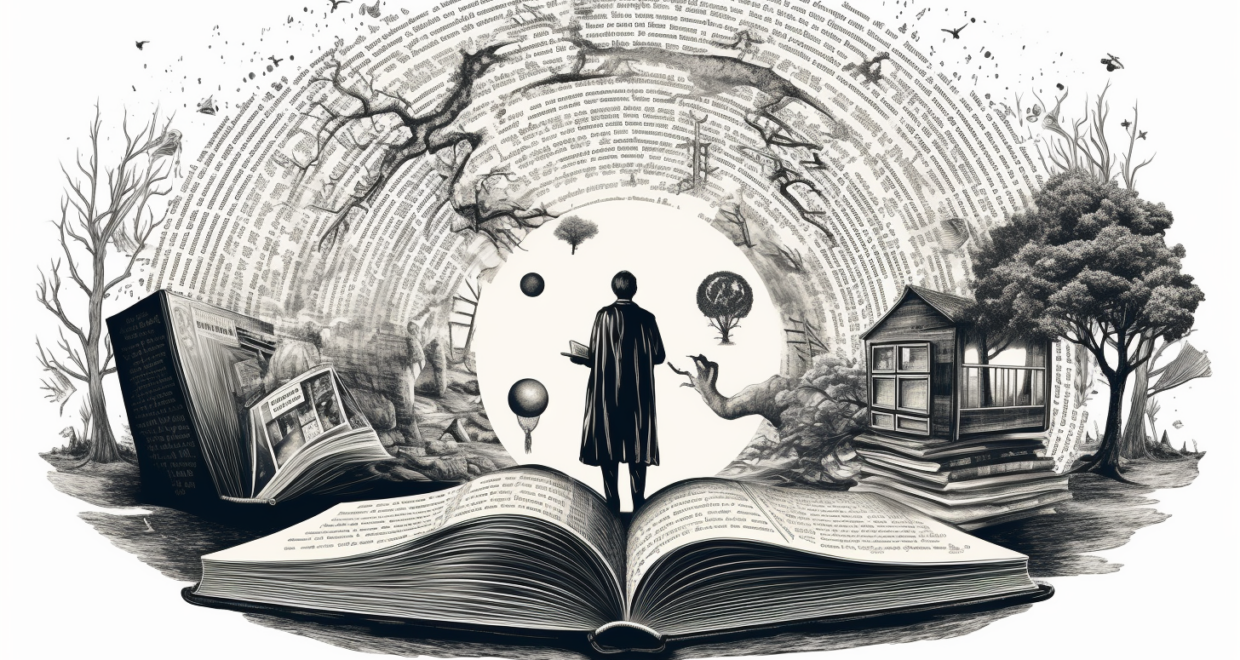 A black-and-white surreal illustration of an open book whose pages expand into an imaginative world. At the center, a lone figure in a long coat stands on the book, holding a smaller book and facing a glowing circular space filled with floating objects like spheres, a tree, and abstract shapes. Around this central scene, curved layers of printed text form an arching tunnel, blending into landscapes with bare trees, birds in flight, and scattered pages. On the left, a large upright book and more open pages suggest knowledge unfolding; on the right, a small house sits atop a stack of books beside a leafy tree. The overall composition evokes storytelling, imagination, and the immersive power of reading.
