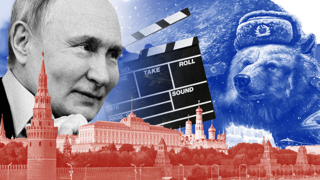 A surreal political photo-collage featuring a large portrait of Vladimir Putin looking on thoughtfully (top left) and a glowing blue bear wearing a Soviet-style ushanka hat (top right). A film clapperboard overlaps the center, and the Moscow Kremlin panorama is depicted below in monochromatic red.