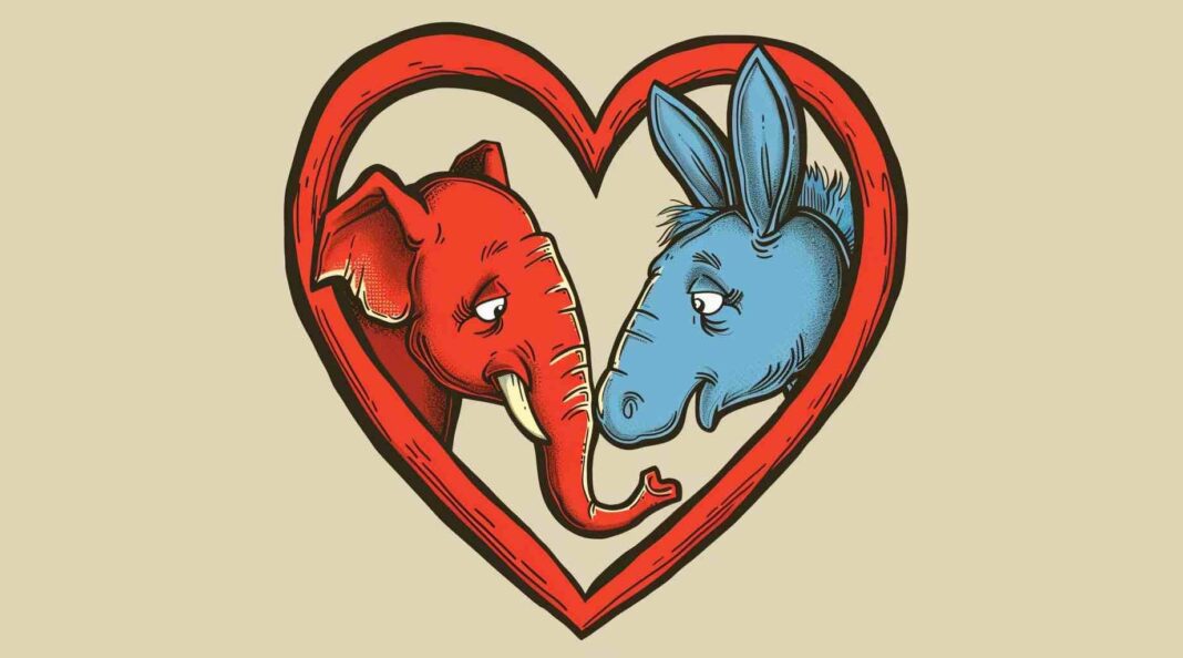 Graphic illustration of a red Republican elephant and a blue Democratic donkey gazing affectionately at each other from within a large red heart outline on a beige background.