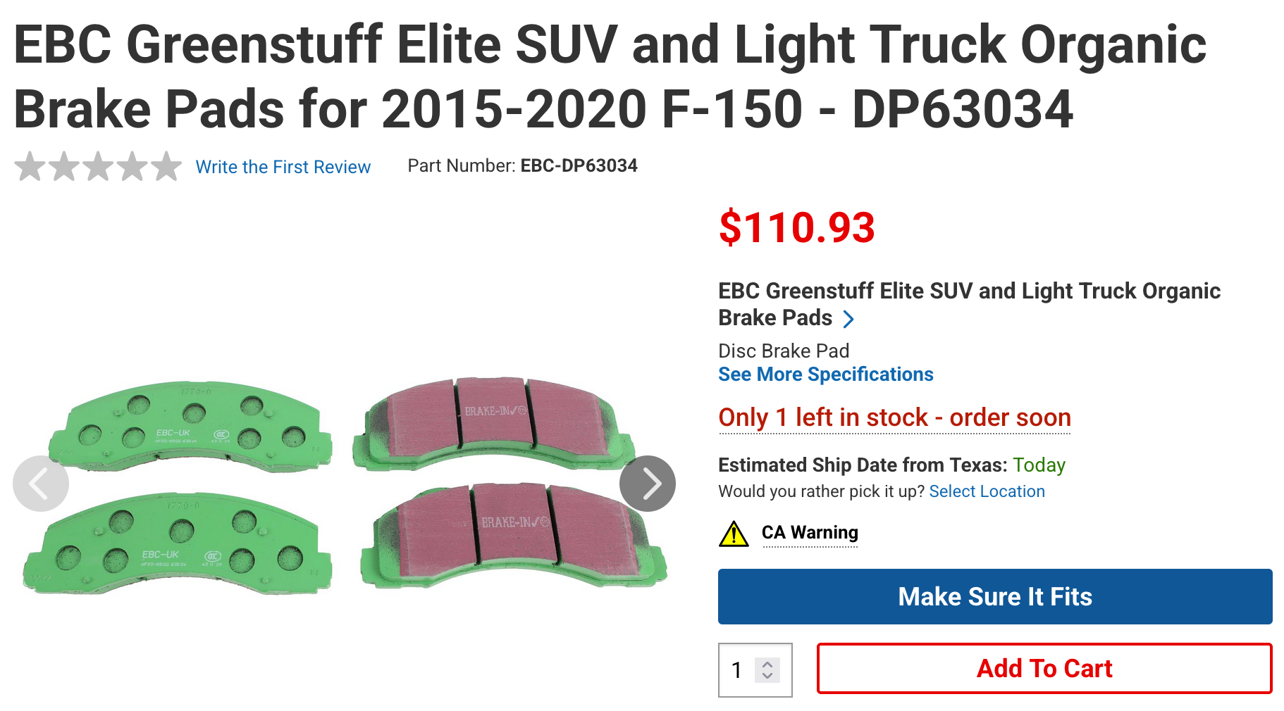 brake pad ecommerce product page