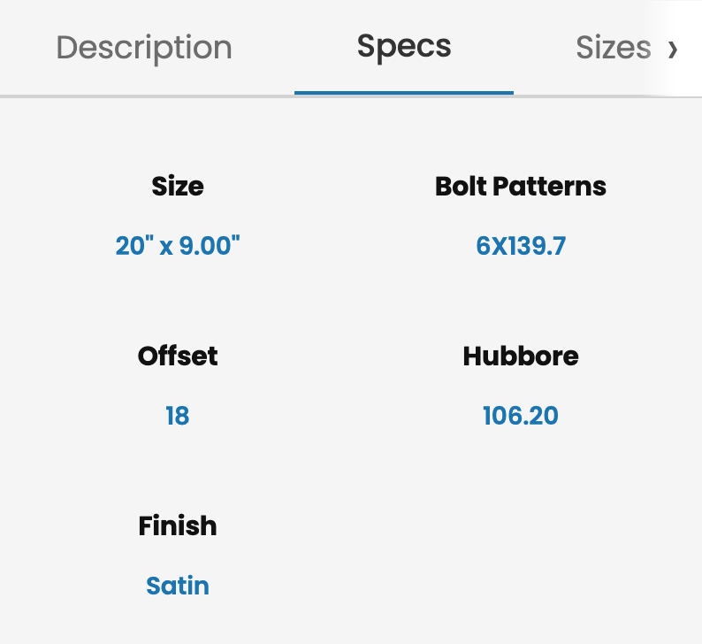 Wheel website is missing important specs like load rating and bold pattern in inches. These can be requested from the manufacturer if you’re a retailer