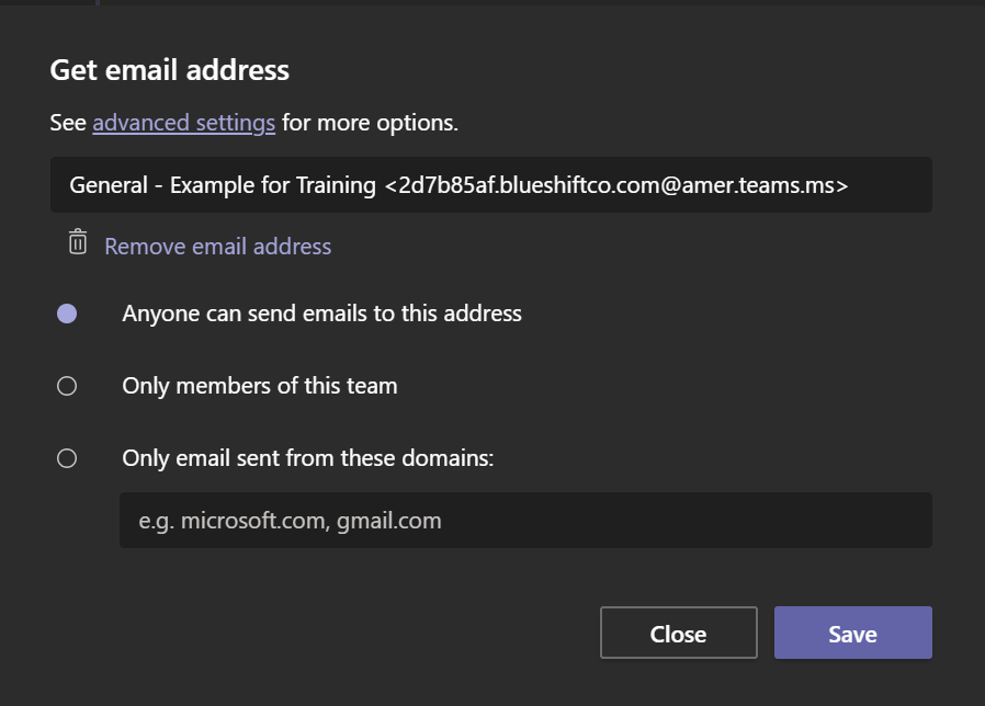 Screenshot of Teams App showing additional settings for "Get email address".