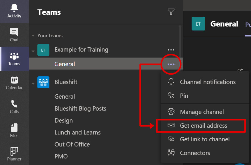 Screenshot of Teams App showing how to "Get email address".