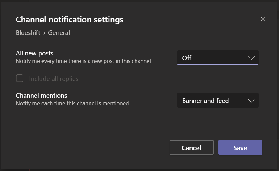 Screenshot of Microsoft Teams expanded Channel Notifications settings.