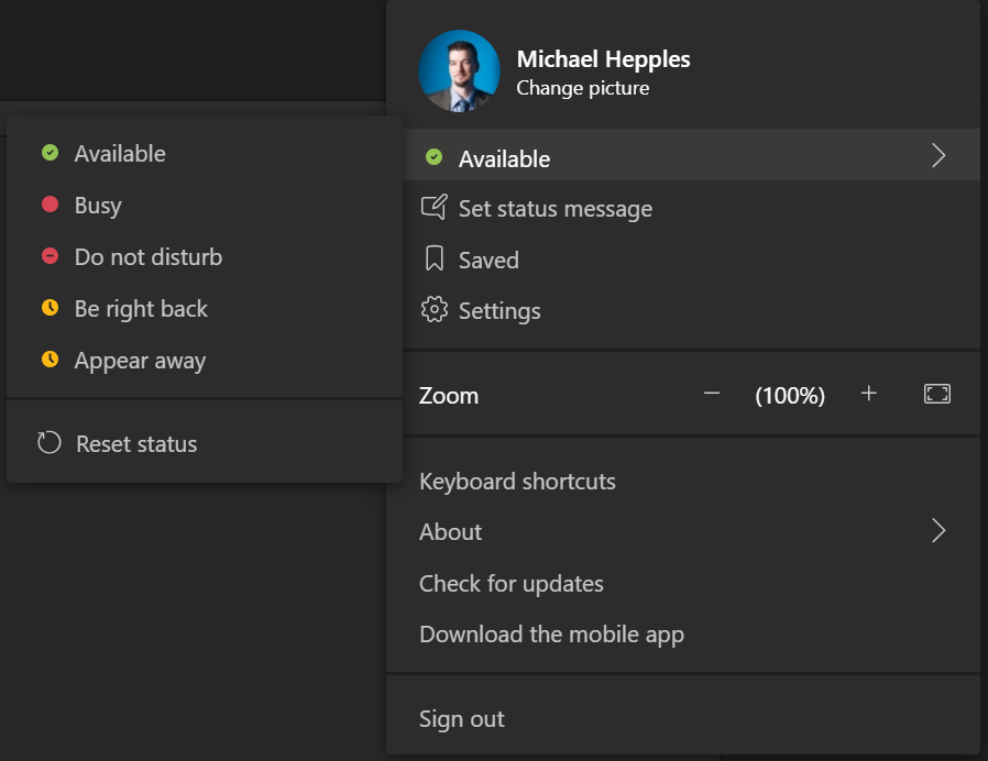 Screenshot of Microsoft Teams status menu.