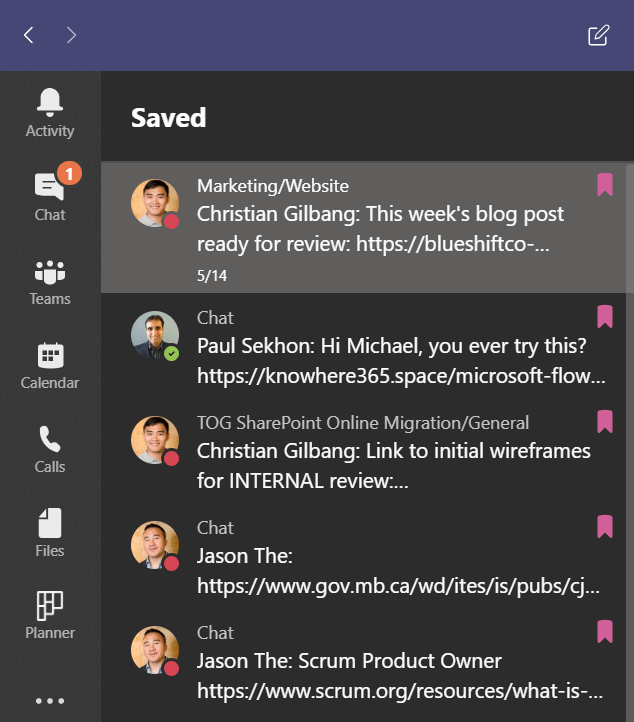 Screenshot of Microsoft Teams list of Saved items.