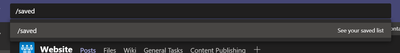 Screenshot of Microsoft Teams searching for Saved listss.