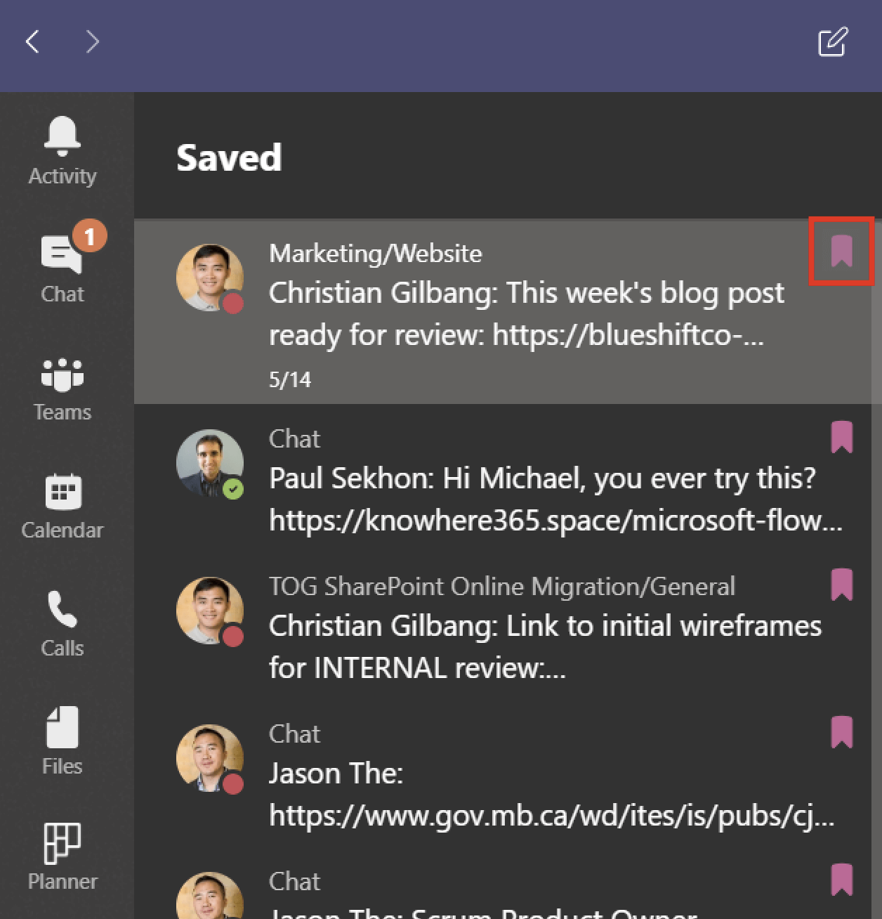 Screenshot of Microsoft Teams list of Saved items.