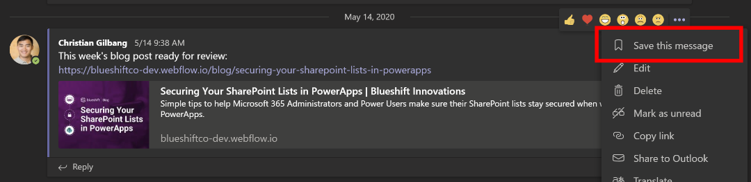 Screenshot of Microsoft Teams 'Save this Message' option.