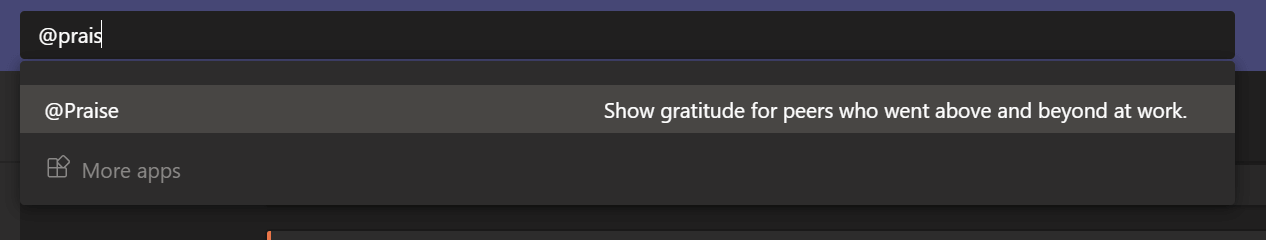 Screenshot of Microsoft Teams using the '@praise' command.