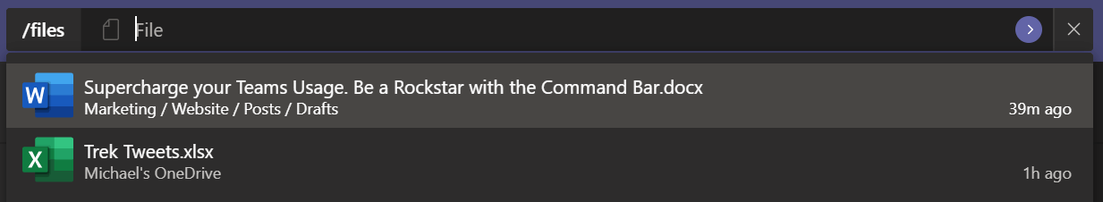Screenshot of Microsoft Teams using a slash command to find a file.