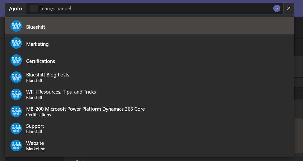 Screenshot of Microsoft Teams show the slash command to jump to a team or channel.