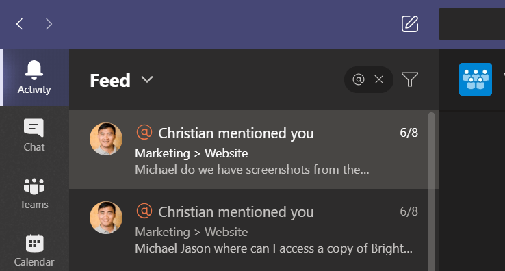 Screenshot of Microsoft Teams showing a list of all @ mentions of the current user.