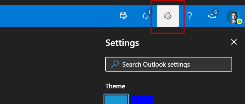 Screenshot of Outlook top ribbon gear icon.