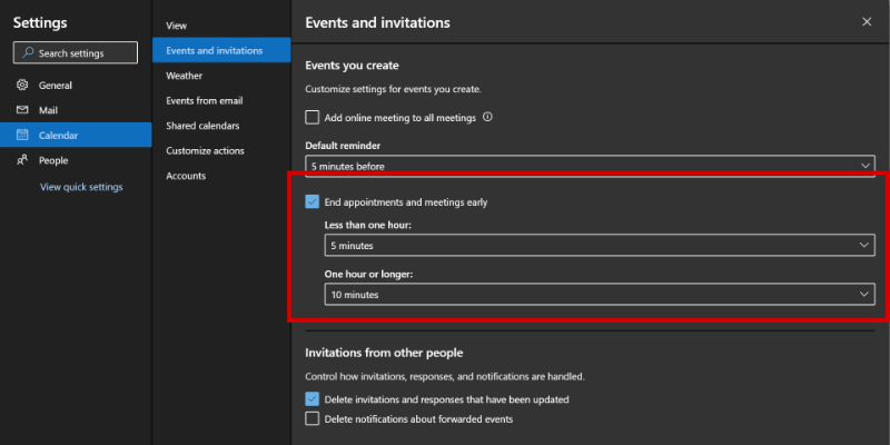 Screenshot of Outlook settings, enabling the option to end meetings early.