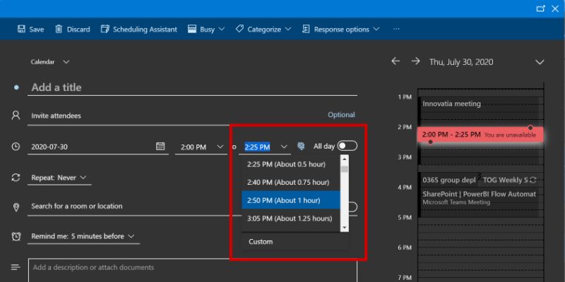 Screenshot of Outlook settings, with a dropdown selecting meeting end time.n