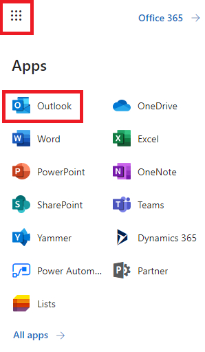 Screenshot of Office 365 Apps menu.