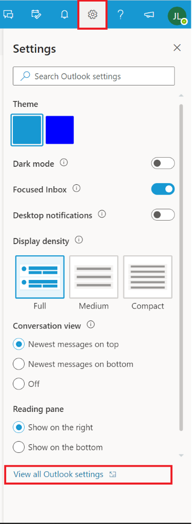 Screenshot of Outlook 365 settings.