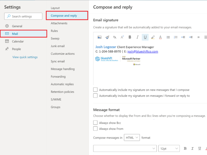 Screenshot of Outlook 365 settings menu.