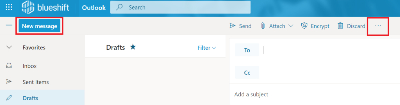 Screenshot of Outlook 365 new message button and more button.