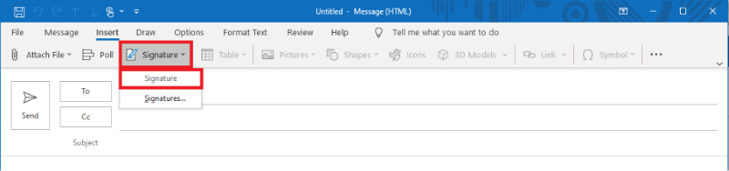 Screenshot of Outlook desktop signature dropdown menu.