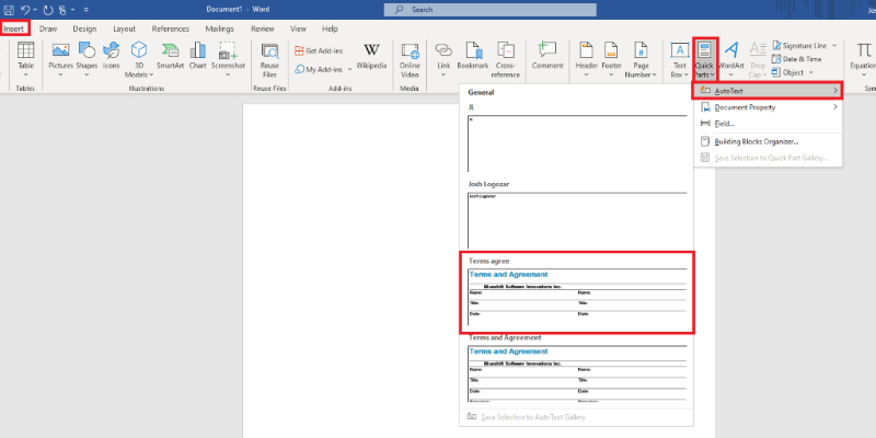 Screenshot of Quick Parts options in Microsoft Word.