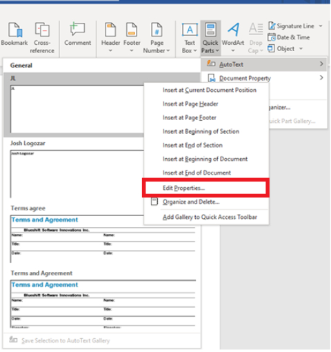 Screenshot of AutoText menu options in Microsoft Word.