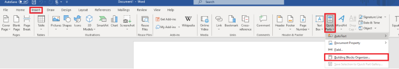 Screenshot of Quick Parts options in Microsoft Word.