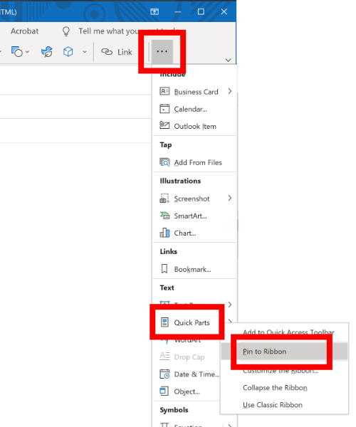 Screenshot of Insert menu highlighting the Quick Parts button in Microsoft Outlook.