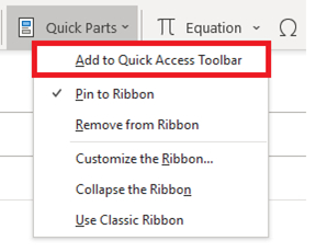 Screenshot of adding the Quick Parts button to the Quick Access Toolbar in Microsoft Outlook.