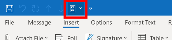 Screenshot of Quick Parts button in the top ribbon in Microsoft Outlook.