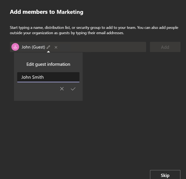 Image of editing guest information in Microsoft Teams.